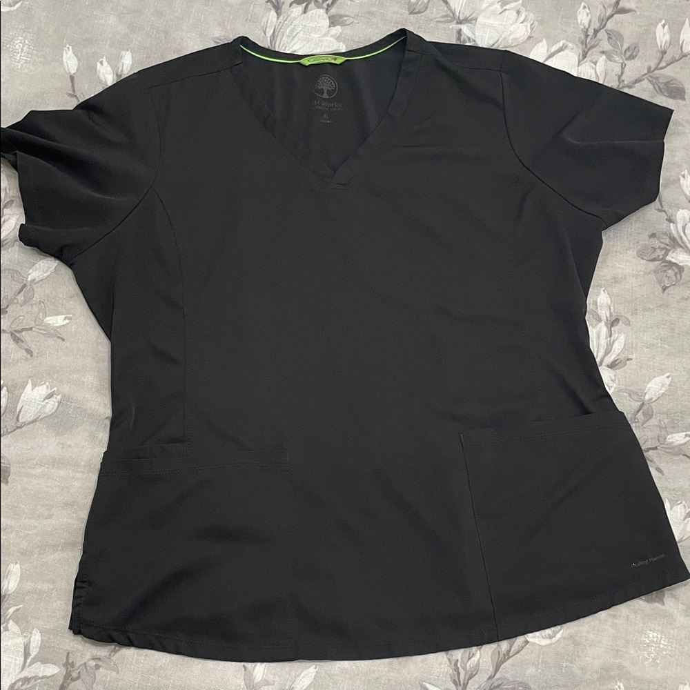 HH Works Healing Hands Black Scrub Top XL V-Neck Stretch Medical Uniform
